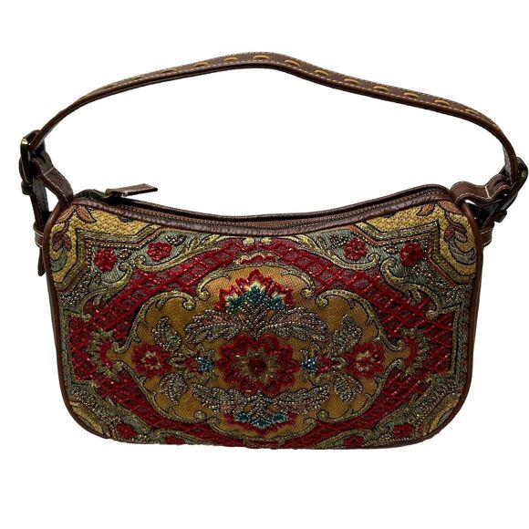 Isabella Fiore Floral Tapestry Glass Bead Embellished Leather Shoulder Bag - Picture 1 of 16